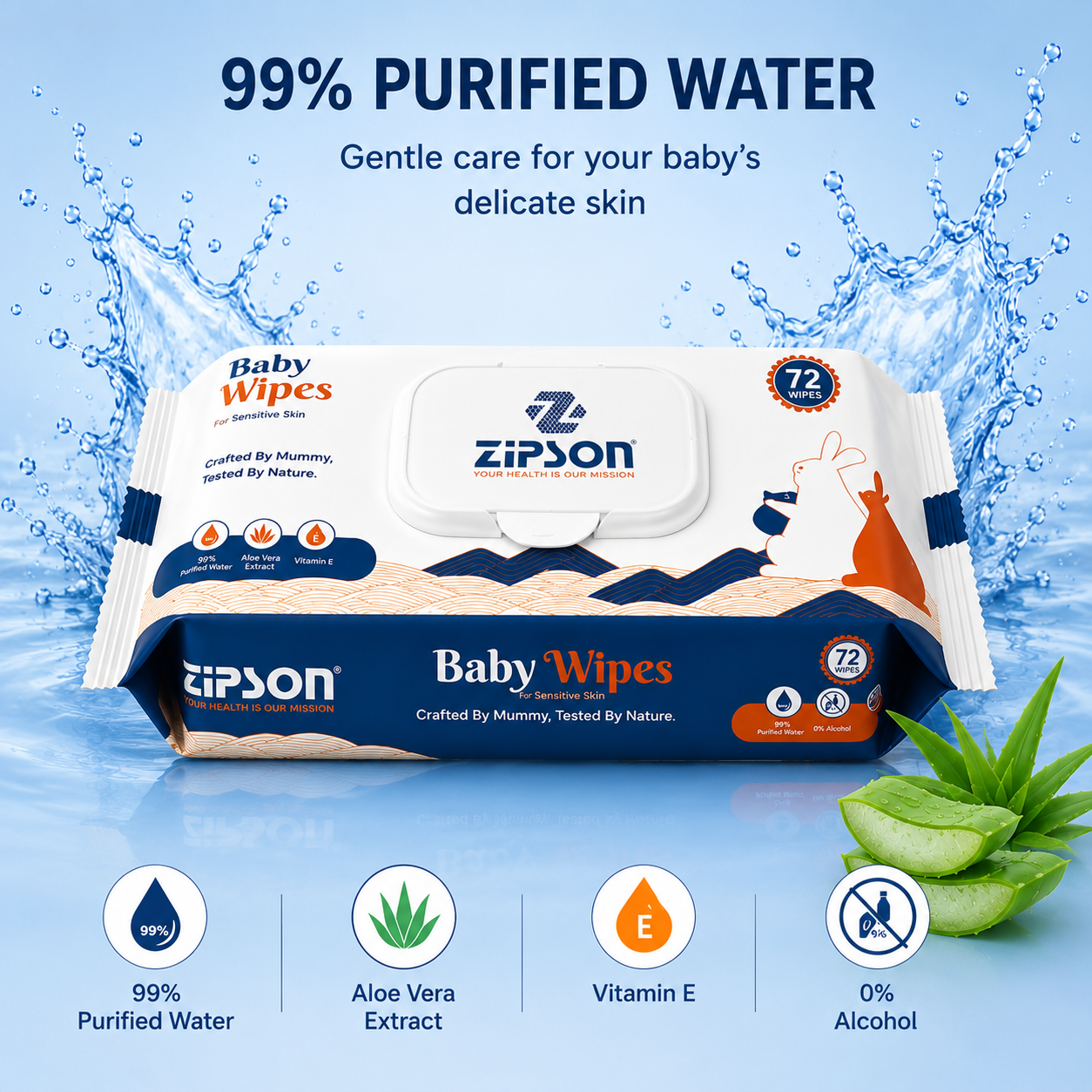 ZIPSON Baby Wet Wipes Pack of 3 – 72 Wipes Each, 216 Wipes Total | 99% Purified Water, Aloe Vera & Vitamin E - Image 2
