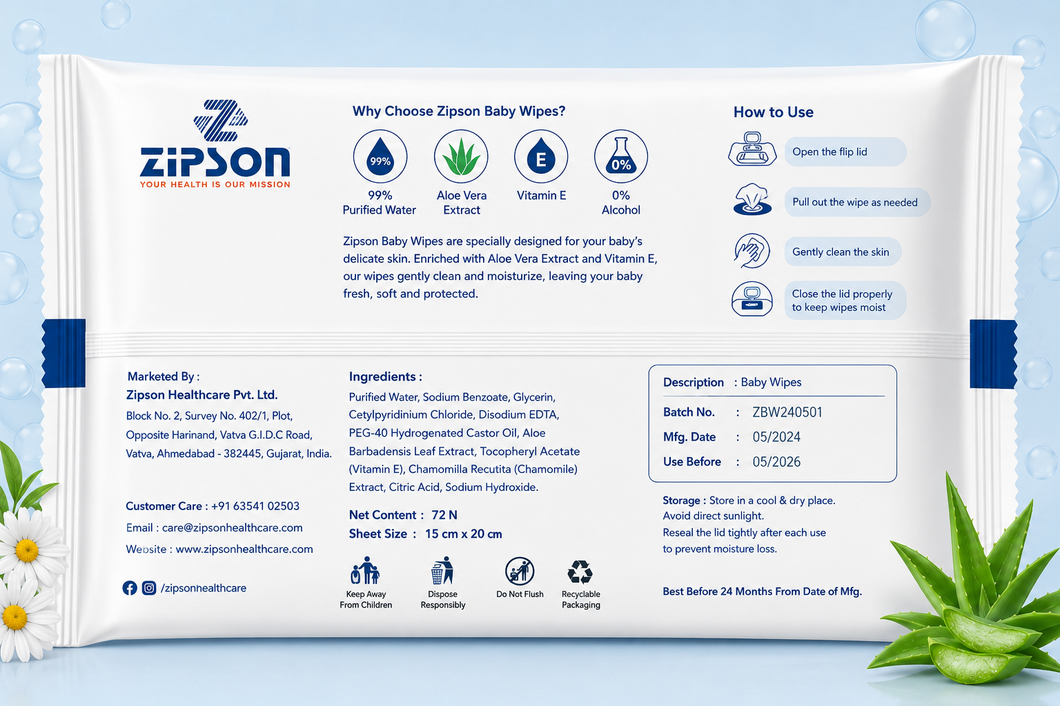ZIPSON Baby Wet Wipes Pack of 3 – 72 Wipes Each, 216 Wipes Total | 99% Purified Water, Aloe Vera & Vitamin E - Image 5