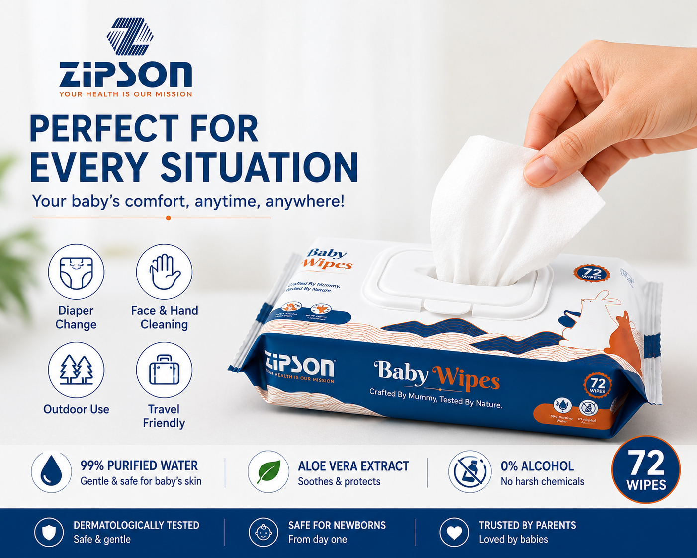 ZIPSON Baby Wet Wipes Pack of 3 – 72 Wipes Each, 216 Wipes Total | 99% Purified Water, Aloe Vera & Vitamin E - Image 4