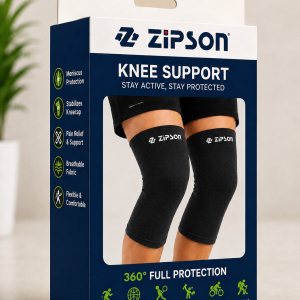 ZIPSON black knee support sleeves with branded box packaging