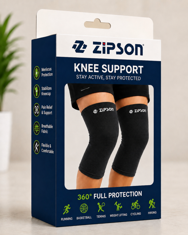ZIPSON black knee support sleeves with branded box packaging