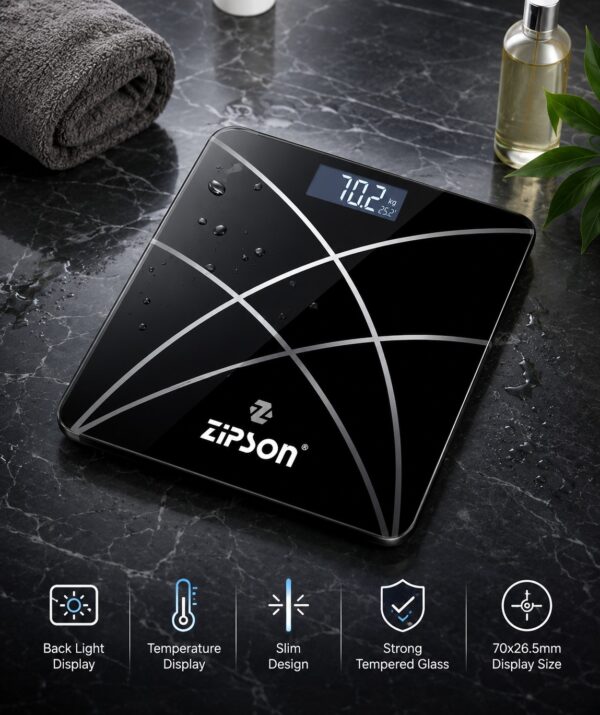 ZIPSON black digital personal weighing scale with backlit LED and temperature display