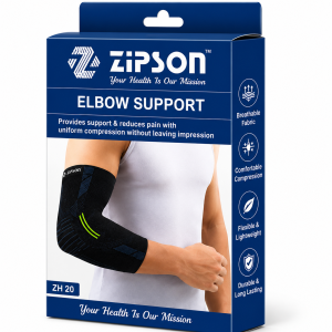 ZIPSON black elbow support sleeve shown with original branded packaging