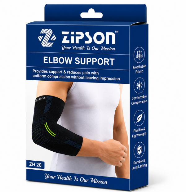 ZIPSON black elbow support sleeve shown with original branded packaging