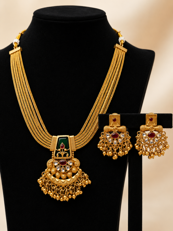 Traditional Multi-Layer Necklace Set with Matching Earrings | Ethnic Bridal Jewelry Set
