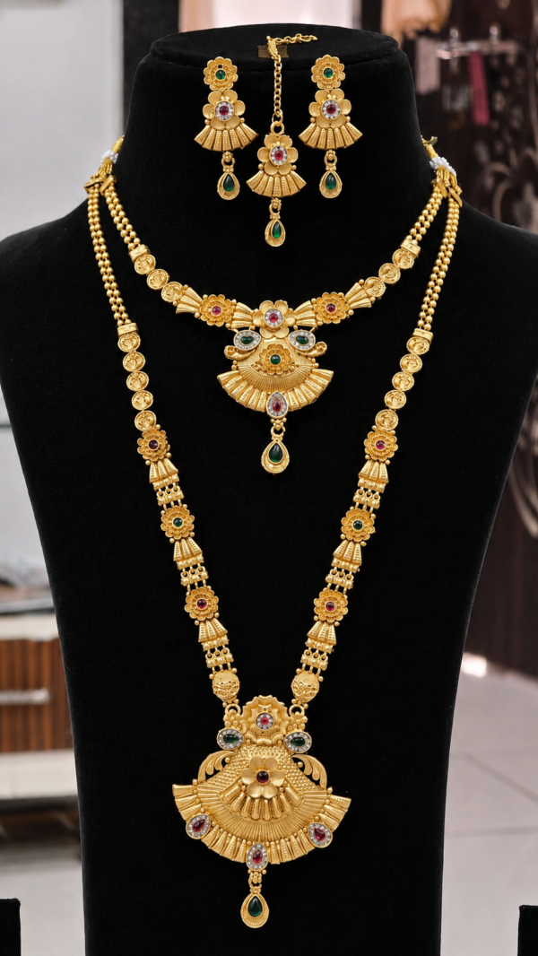 Traditional Bridal Necklace Set with Long Haram, Short Necklace, Earrings & Maang Tikka