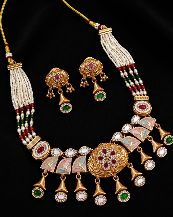 Traditional Pearl Beaded Designer Necklace Set with Matching Earrings | Ethnic Jewelry Set for Women