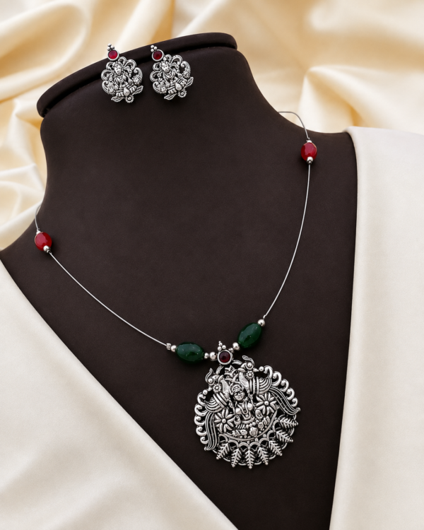 Traditional Oxidized Lakshmi Pendant Necklace Set with Matching Earrings | Red & Green Beads