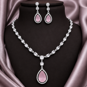 Elegant Pink Teardrop CZ Necklace Set with Matching Drop Earrings