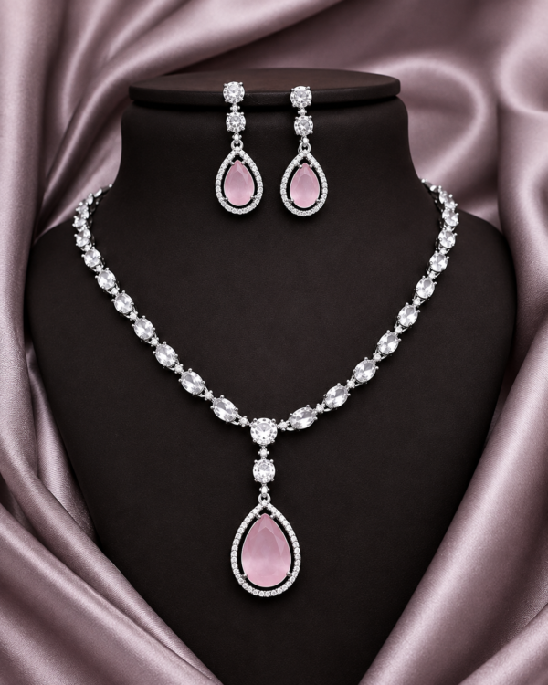 Elegant Pink Teardrop CZ Necklace Set with Matching Drop Earrings