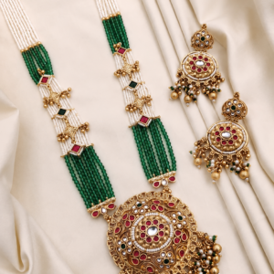 Traditional Green & White Beaded Temple Pendant Necklace Set with Matching Earrings