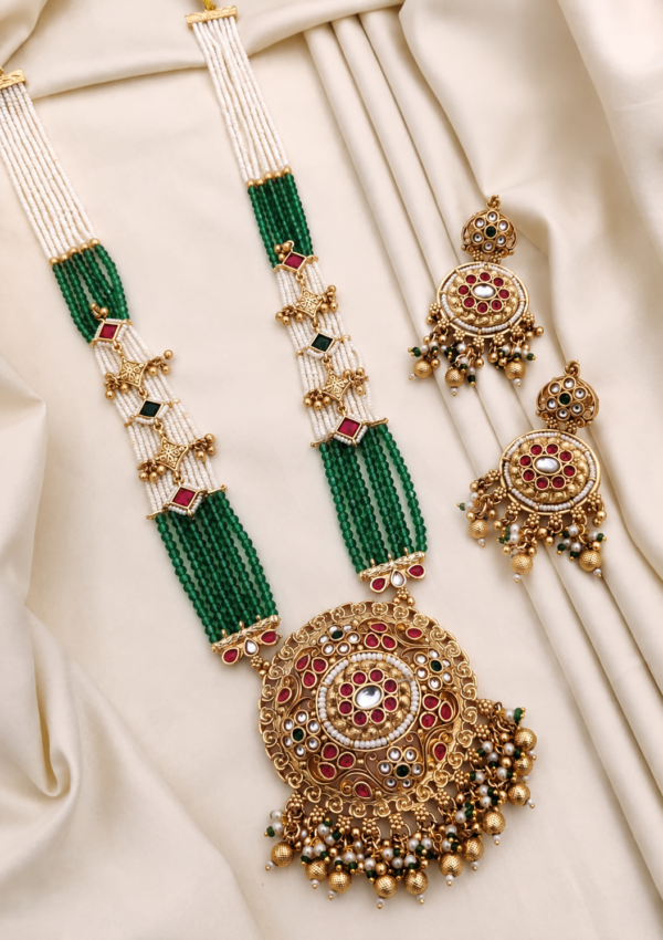 Traditional Green & White Beaded Temple Pendant Necklace Set with Matching Earrings