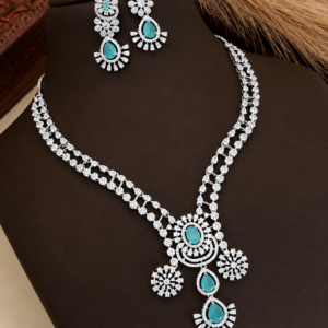 Elegant Turquoise CZ Pendant Necklace Set with Matching Drop Earrings