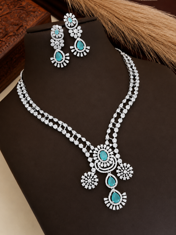 Elegant Turquoise CZ Pendant Necklace Set with Matching Drop Earrings