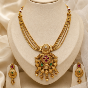 Traditional Gold-Tone Multi-Strand Pendant Necklace Set with Matching Earrings