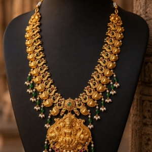 Traditional Temple Lakshmi Long Haram Necklace Set with Matching Earrings
