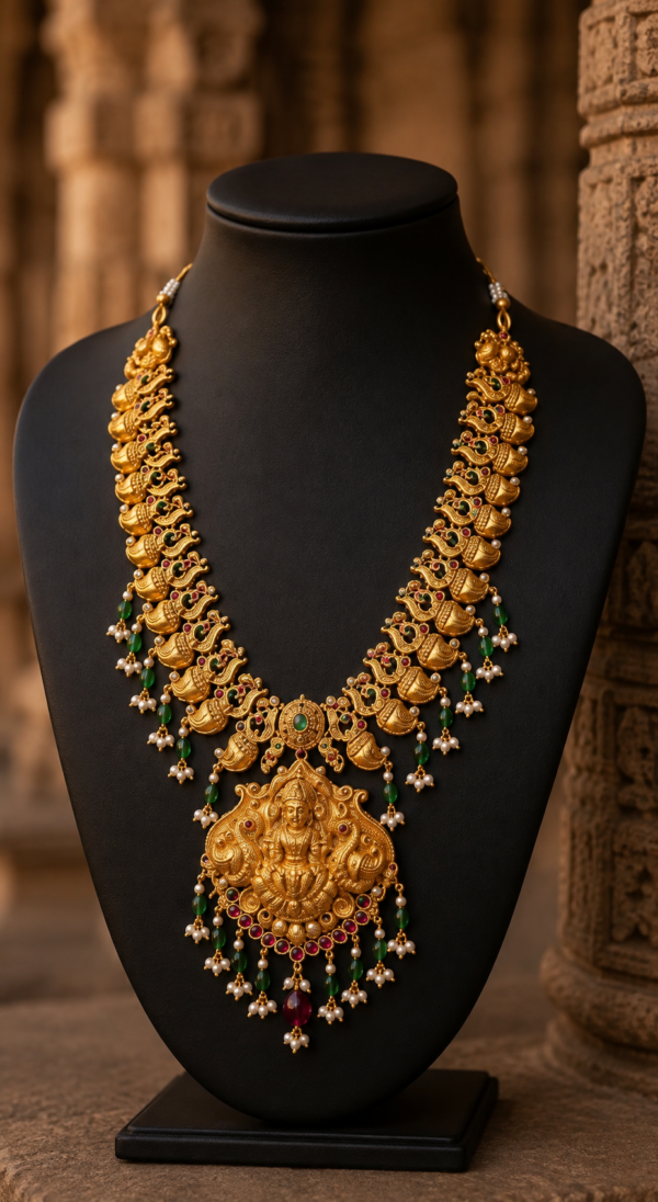 Traditional Temple Lakshmi Long Haram Necklace Set with Matching Earrings